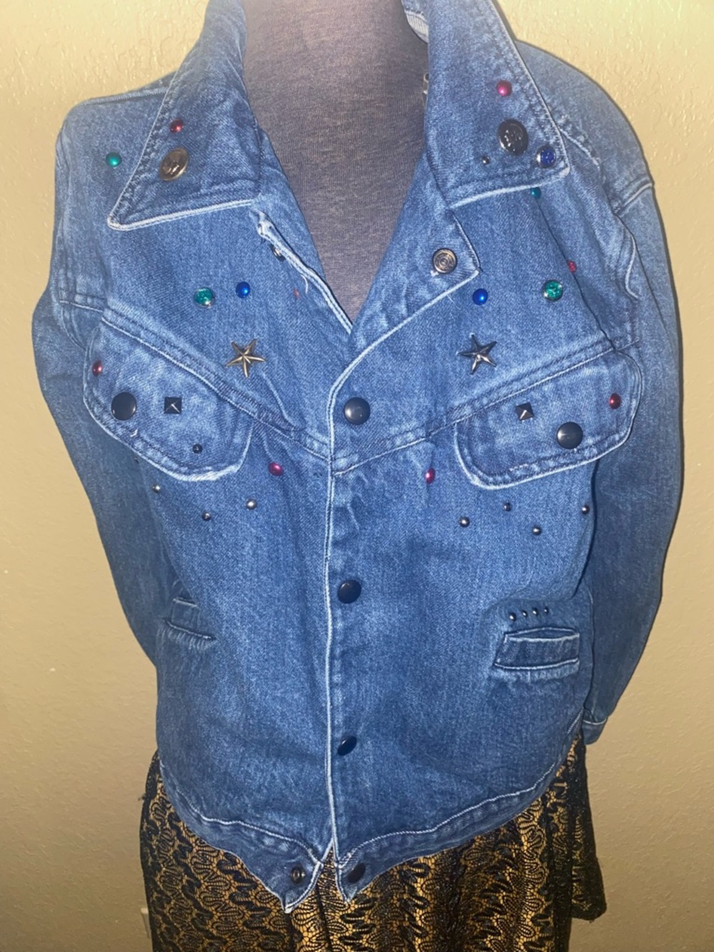 Vintage Blue Jean Jacket with Multicolor Stud Accents